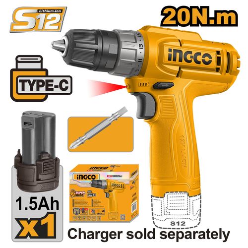 Ingco PERCEUSE VISSEUSE SANS FIL 12V 20 NM - 20MM + 1 BT CDLI12456