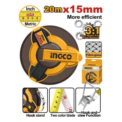 Ingco decametre en fibre de verre 20m x 15mm  hfmt1820