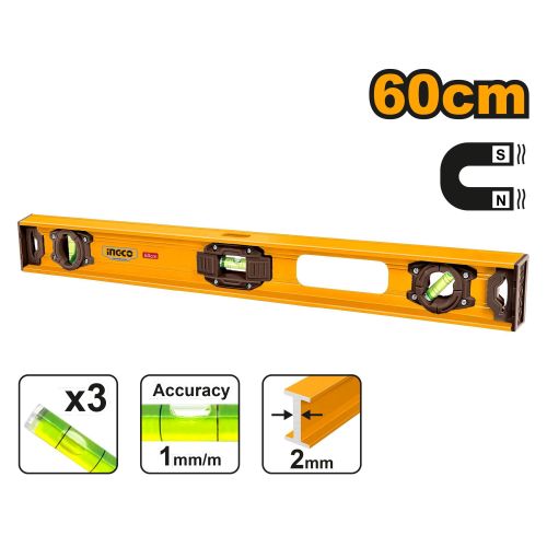 Ingco NIVEAU MAÇON 60CM -ALU/1.5mm ÉPAISSEUR (NEW MODEL HSL28060