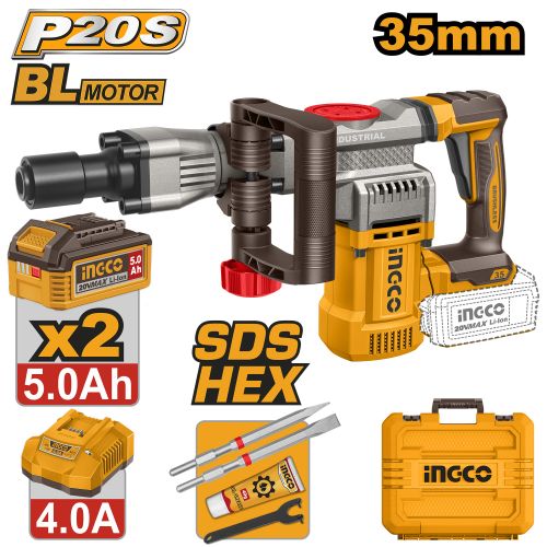 Ingco  MARTEAU PIQUEUR SANS FILS 20V /35MM+2B5AH+CHRG 4AH CDBLI203582