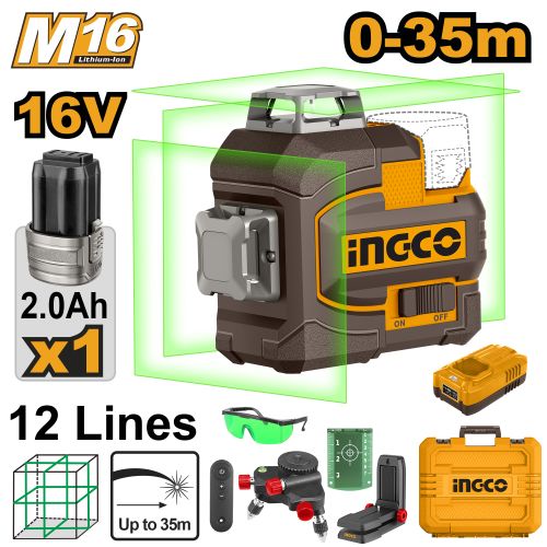 Ingco NIVEAU LASER SANS FIL 16 V 360°3D +1BAT2AH+CHR HLL301201