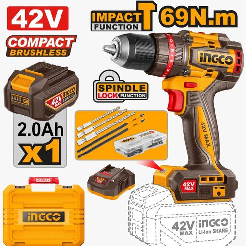 Ingco Perceuse à percussion 42V 69NM +1BAT2AH +Chargeur +MLTT CIDLI426981