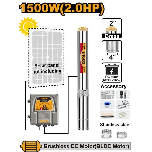 Ingco POMPE IMMERGEE SOLAIRE 4"1500W/2HP pour forage et puit DWPAD150061