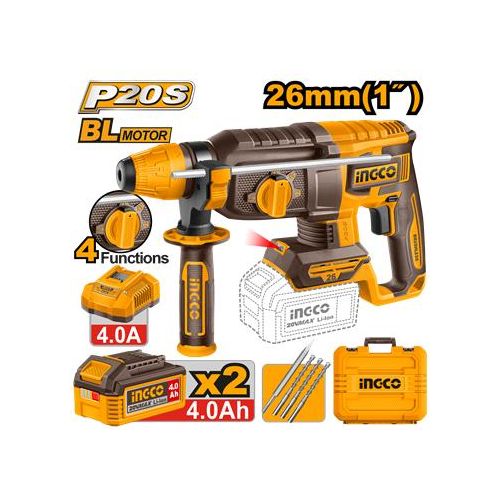Ingco MARTEAU PERFORATEUR 20V-26MM-1100rpm+2BATT 4 Ah+1CHARGEUR CRHLI262085