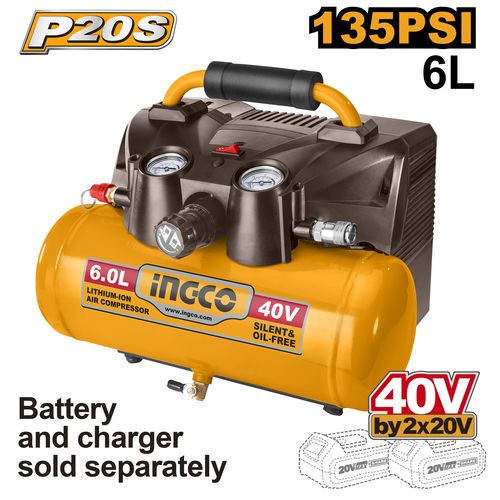 Ingco COMPRESSEUR A AIR SANS FILS 40V/6L + 2 BATTERIE 20V 4 A + 1 CHARGEUR  CACLI2003