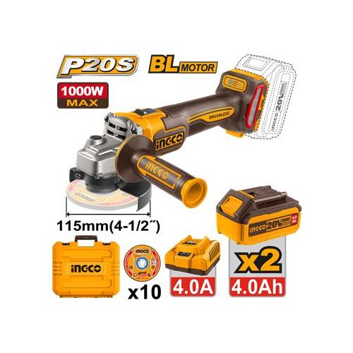 Ingco MEULEUSE ANGULAIRE 20V/115MM/1000w+2BATT 4A+CHAR+1  CAGLI271532