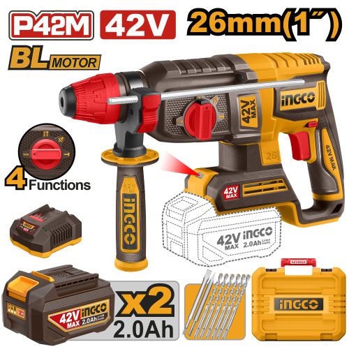 Ingco Marteau Perforateur - CRHLI422682 - 42V - 26MM - 2 Batteries 2 Ah + 1 Chargeur + Mallette