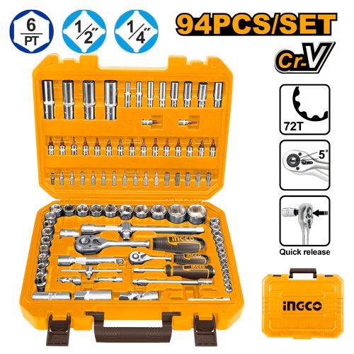 Ingco COFFRET DE DOUILLES ET ACCESSOIRES 1/4" + 1/2" 94p / HKTS42941