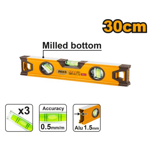 Ingco Niveau Maçon - HSL08030 - 30 Cm - Aluminium HSL08030