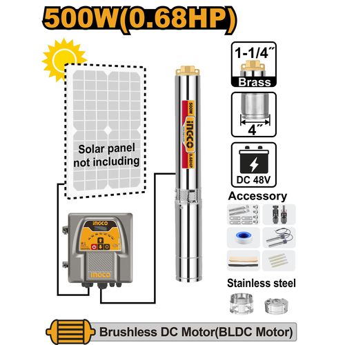 Ingco POMPE IMMERGEE SOLAIRE 4"500W/0,68HP POUR PUIT ET FORAGE DWPDC50061