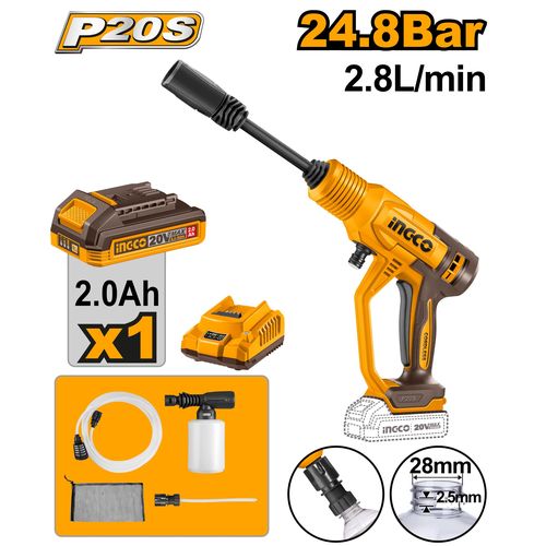 Ingco NETTOYEUR A HAUTE PRESSION 20V/24,8bar-2,8l/min+1BATTERIE ET 1 CHARGEUR CPWLI20362