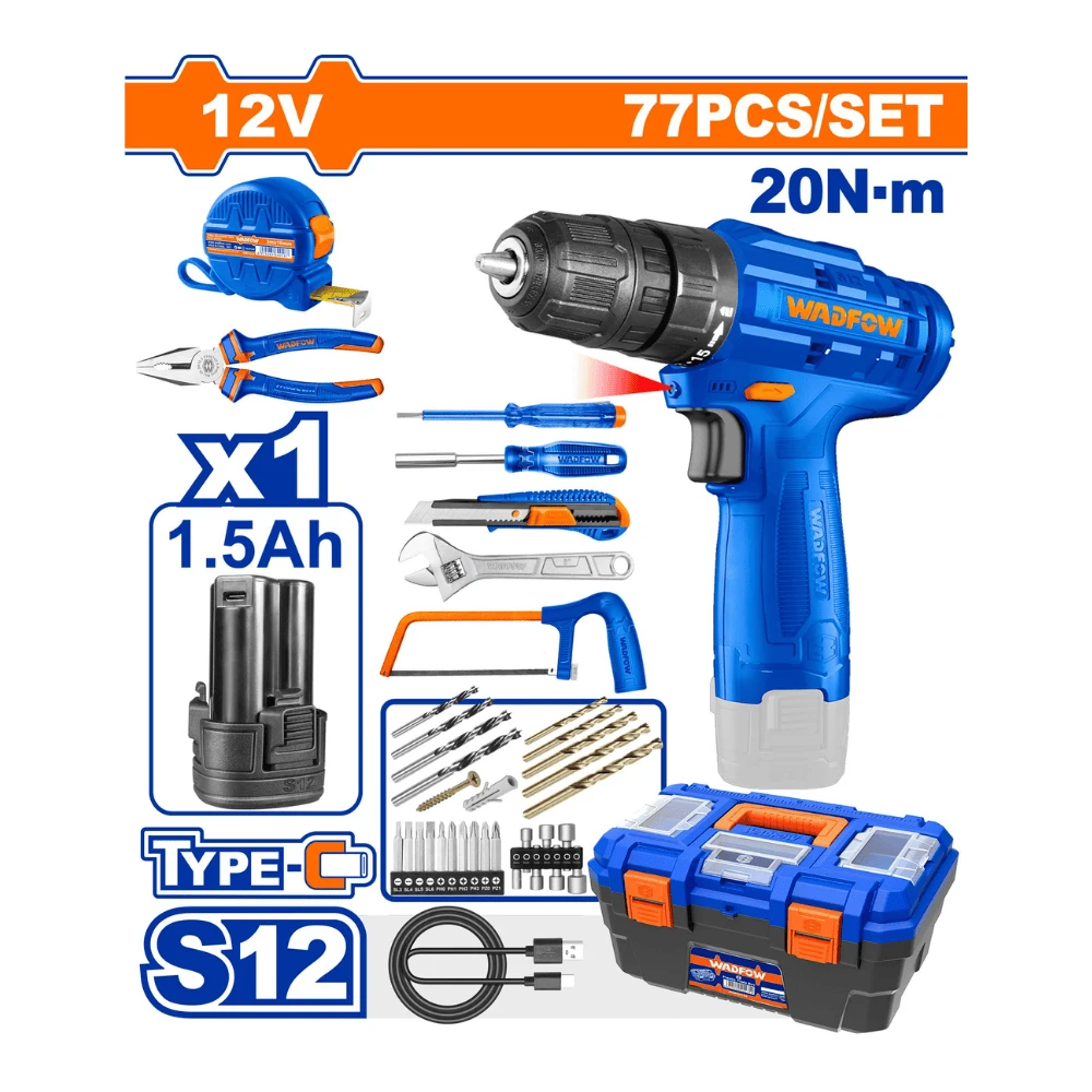 WADFOW Coffret perceuse sans fil 12V avec accesoires 77 pcs