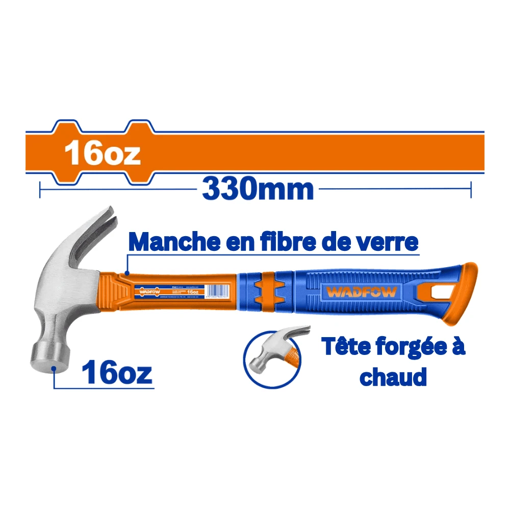 WADFOW Marteau arrache clou type britannique manche en fibre de verre 450g