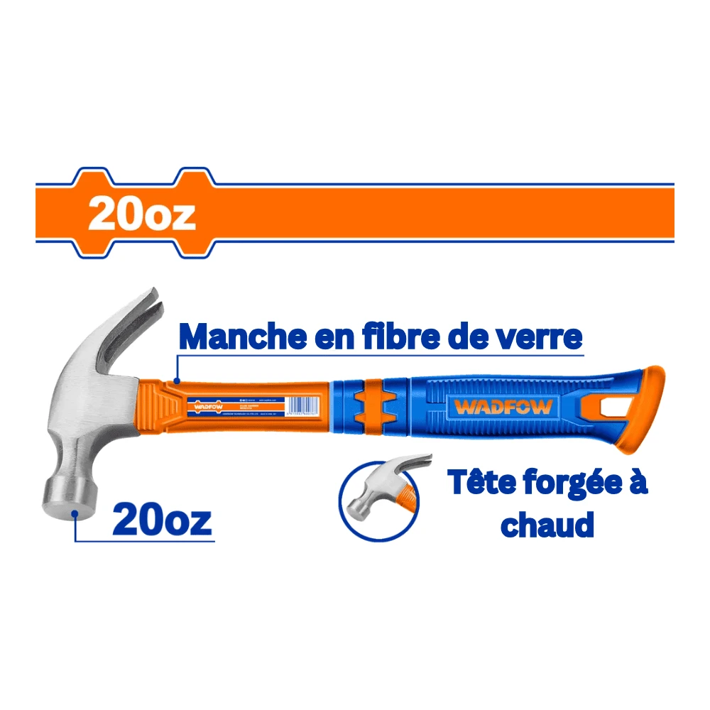 WADFOW Marteau arrache-clou 560g avec manche en fibre de verre