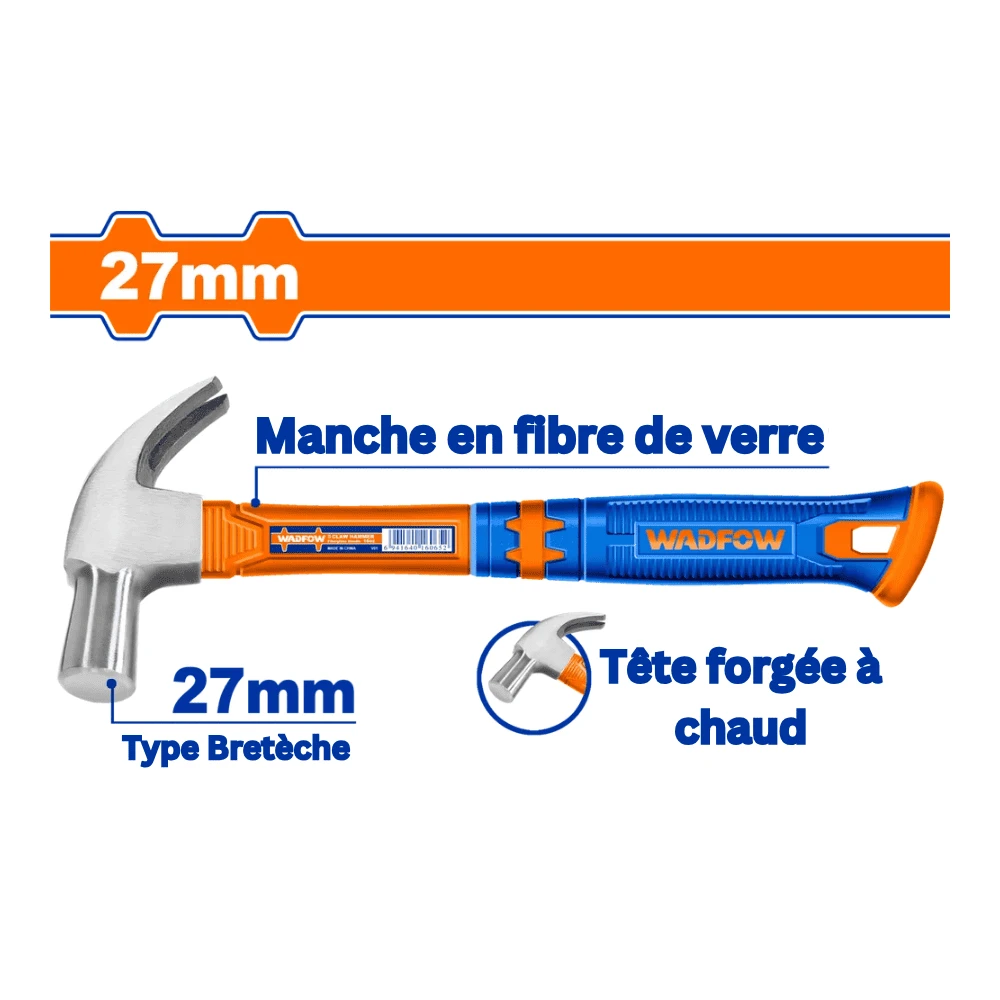 WADFOW Marteau arrache clou type britannique manche en fibre de verre 27mm