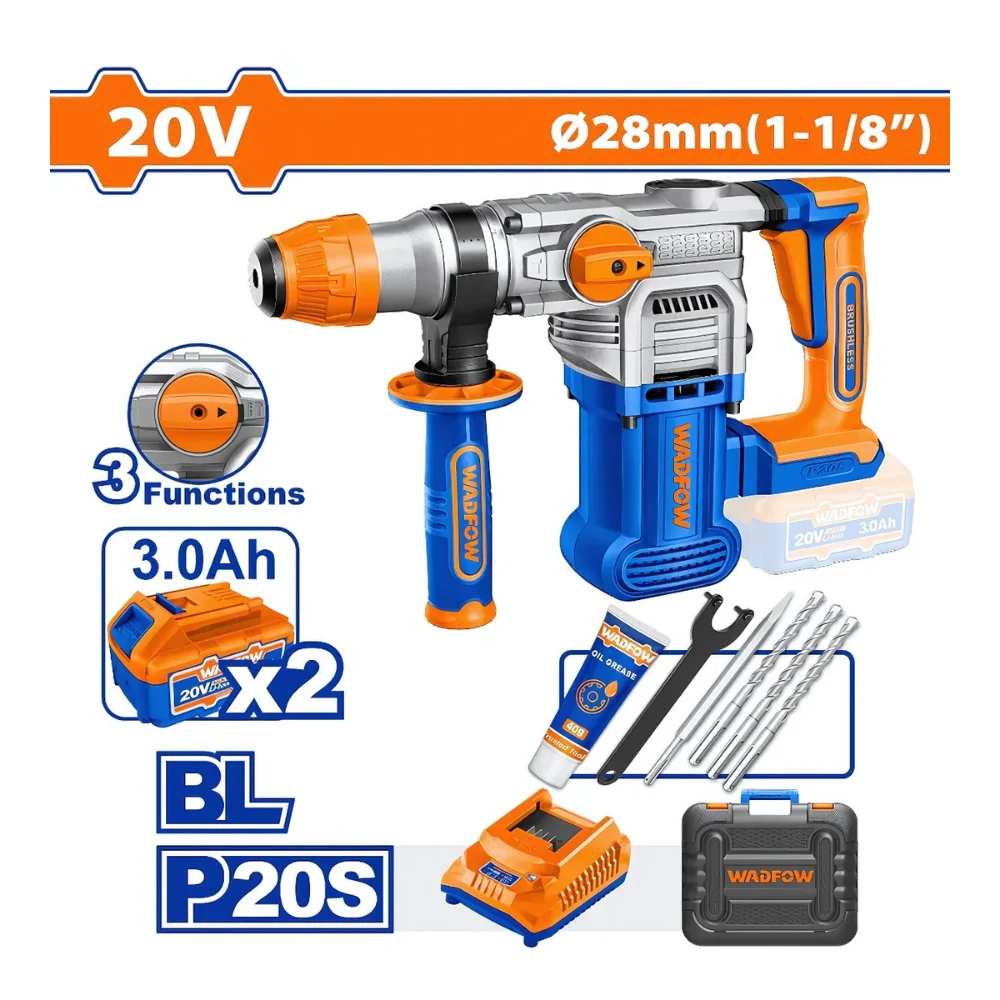 WADFOW Marteau perforateur sans fil 20V 28 mm + 2 batteries 3Ah + 1 chargeur