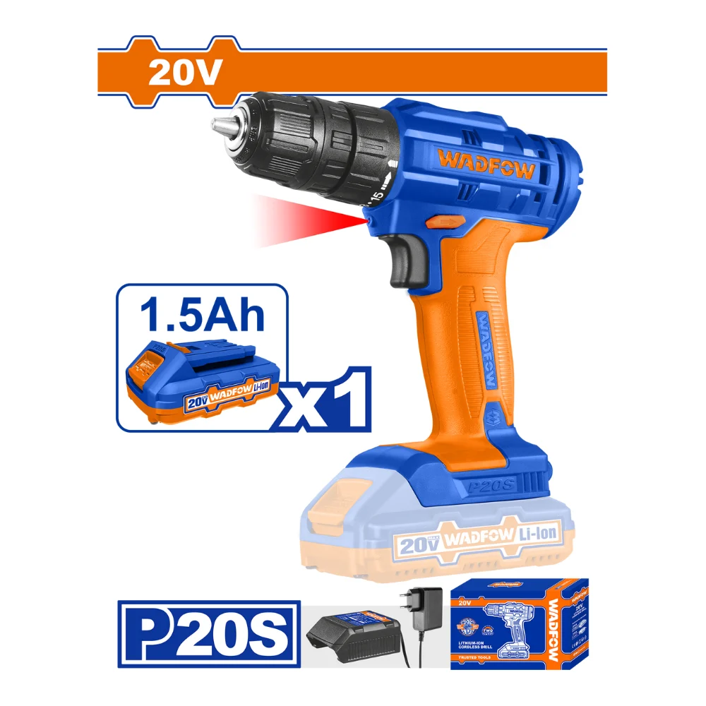WADFOW Perceuse sans fil 20V avec 1 batterie 1.5A + 1 chargeur