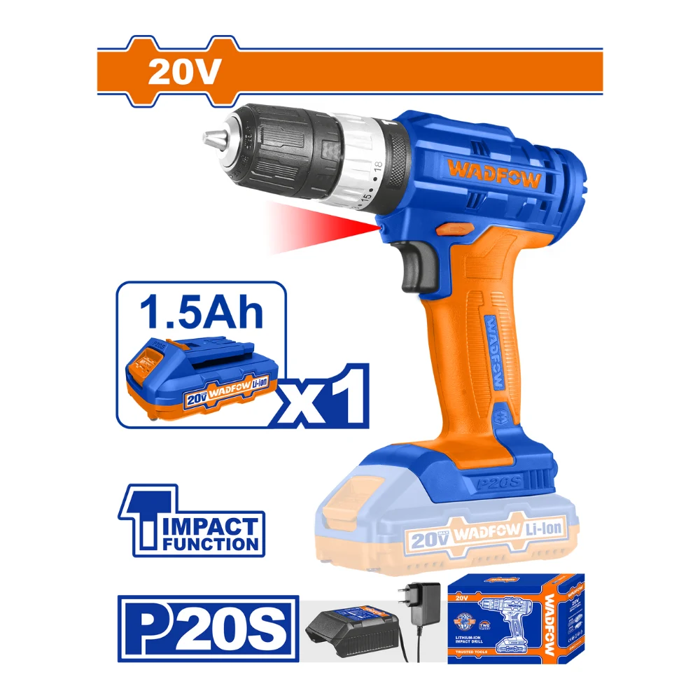 WADFOW Perceuse à percussion 20V avec 1 batterie 1.5A + 1 chargeur