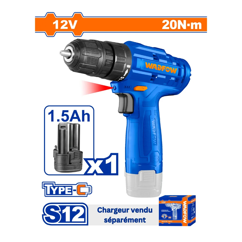 WADFOW Perceuse sans fil 12V avec 1 batterie 1.5A