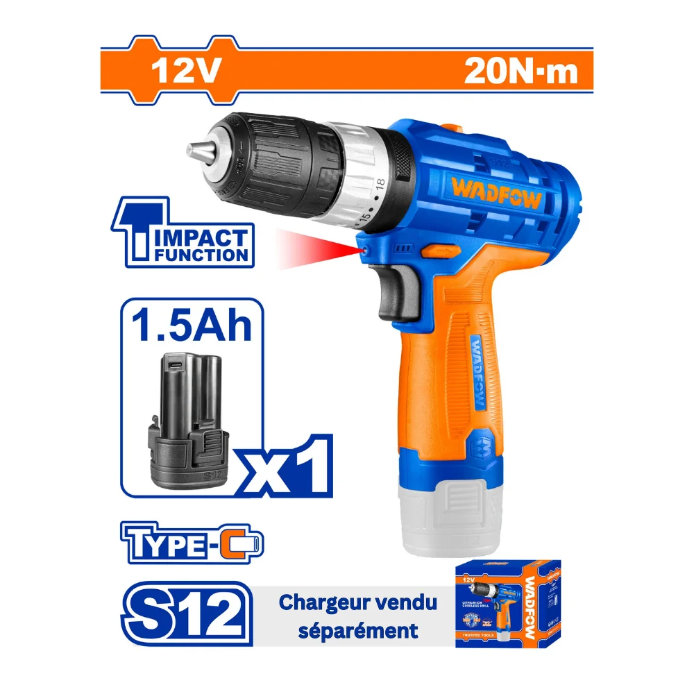 WADFOW Perceuse à percussion au lithium-ion 12V avec 1 batterie 1.5A