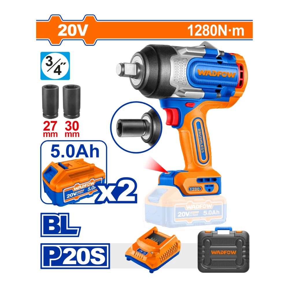 WADFOW Clé à chocs sans fil 20V 3/4″ 1280Nm avec 2 batteries 5A + 1 chargeur