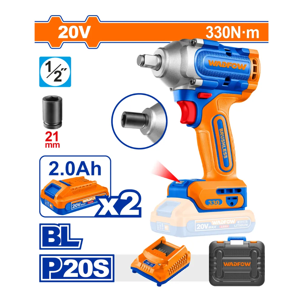 WADFOW Clé à choc sans fil 20V 1/2″ 330Nm avec 2 batteries + 1 chargeur et accessoires