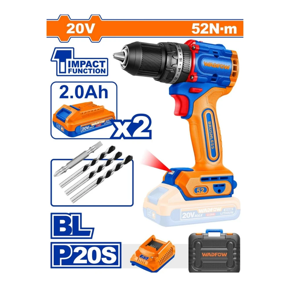 WADFOW Perceuse à percussion 52Nm sans fil 20V avec 2 batteries 2A + 1 chargeur