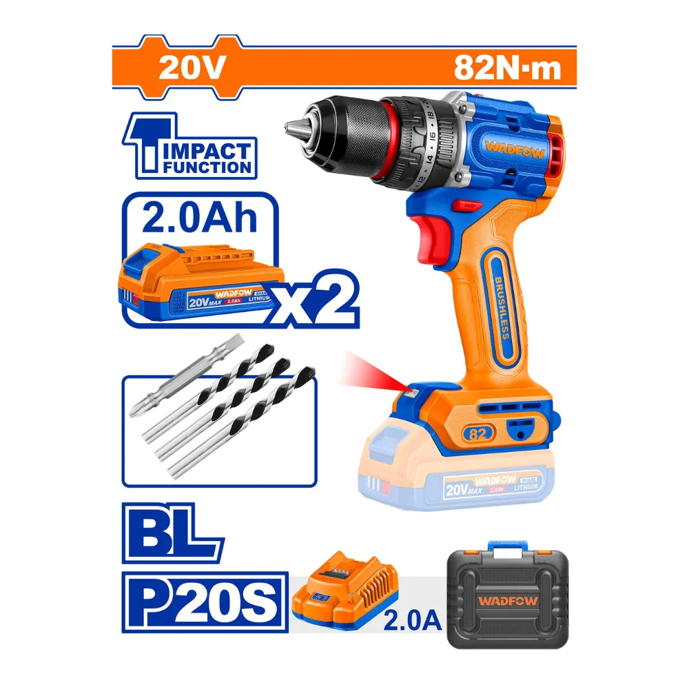 WADFOW Perceuse à percussion sans fil 20V 82Nm avec 2 batteries + 1 chargeur