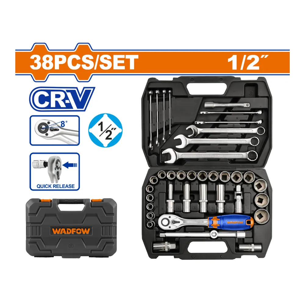 WADFOW Coffret de douilles 38 pcs + clés 1/2″