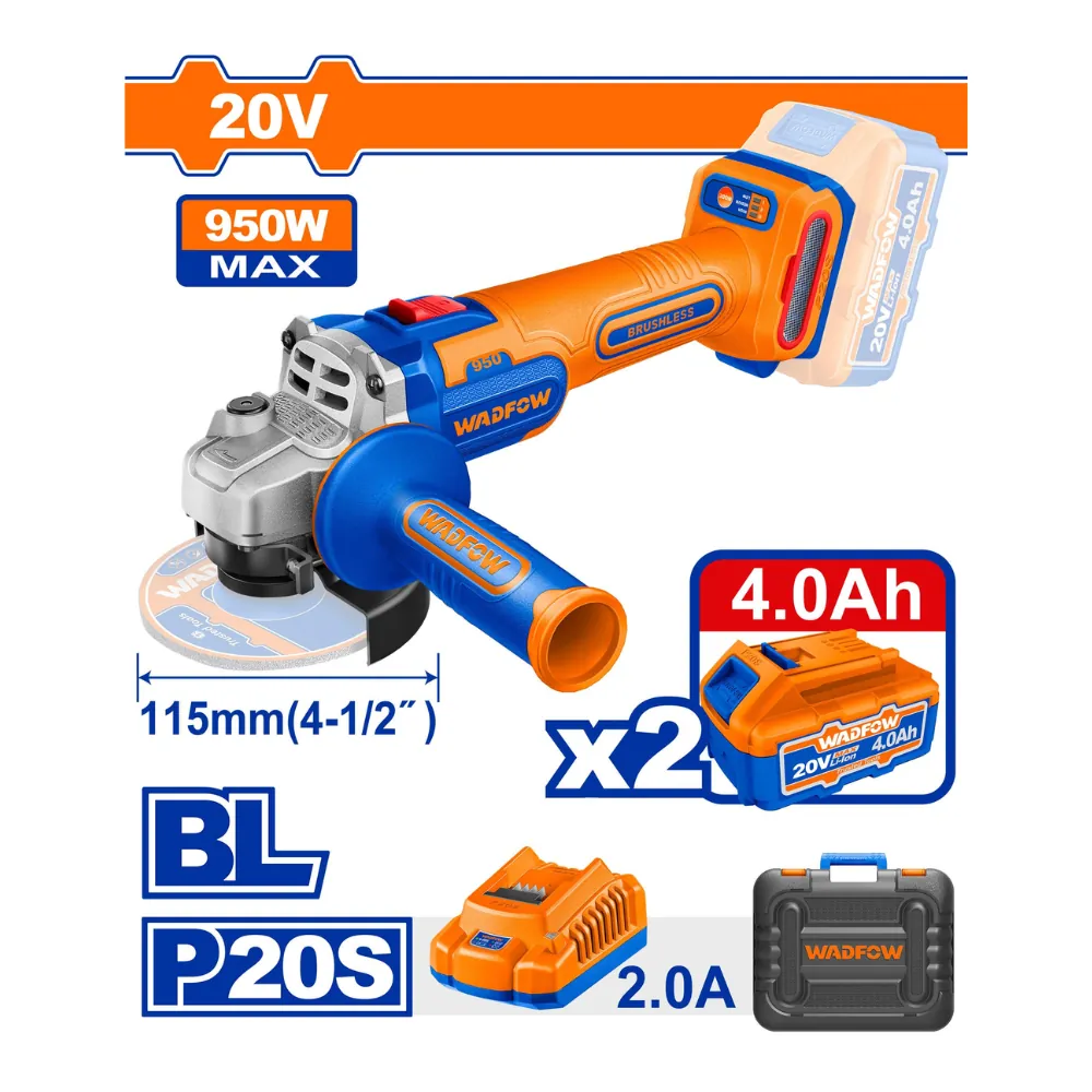 WADFOW Meuleuse sans fil 20V 950W 115mm avec 2 batteries 4A + 1 chargeur