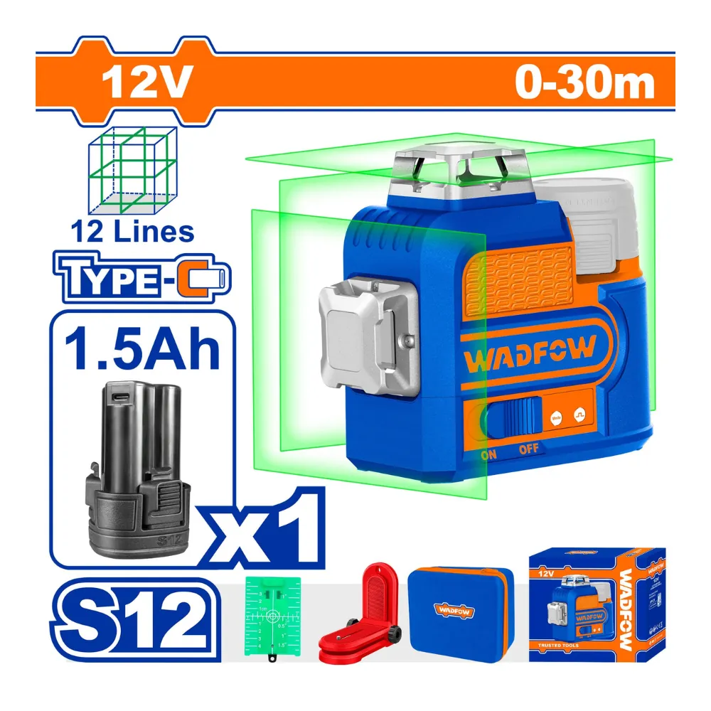WADFOW Niveau laser automatique 12V 3D faisceaux verts 0-30m 12 lignes