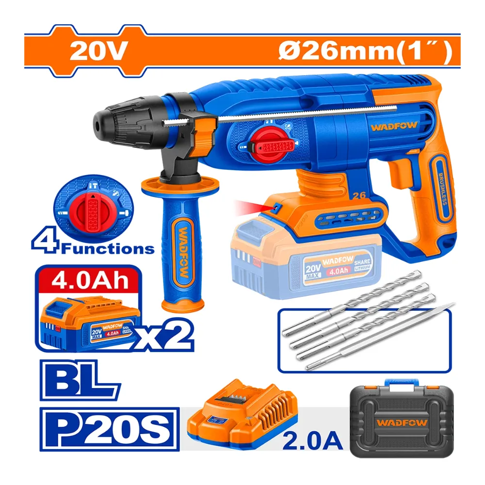 WADFOW Marteau perforateur sans fil 20V 26mm 2.5J avec 2 batteries 4 + 1 chargeur