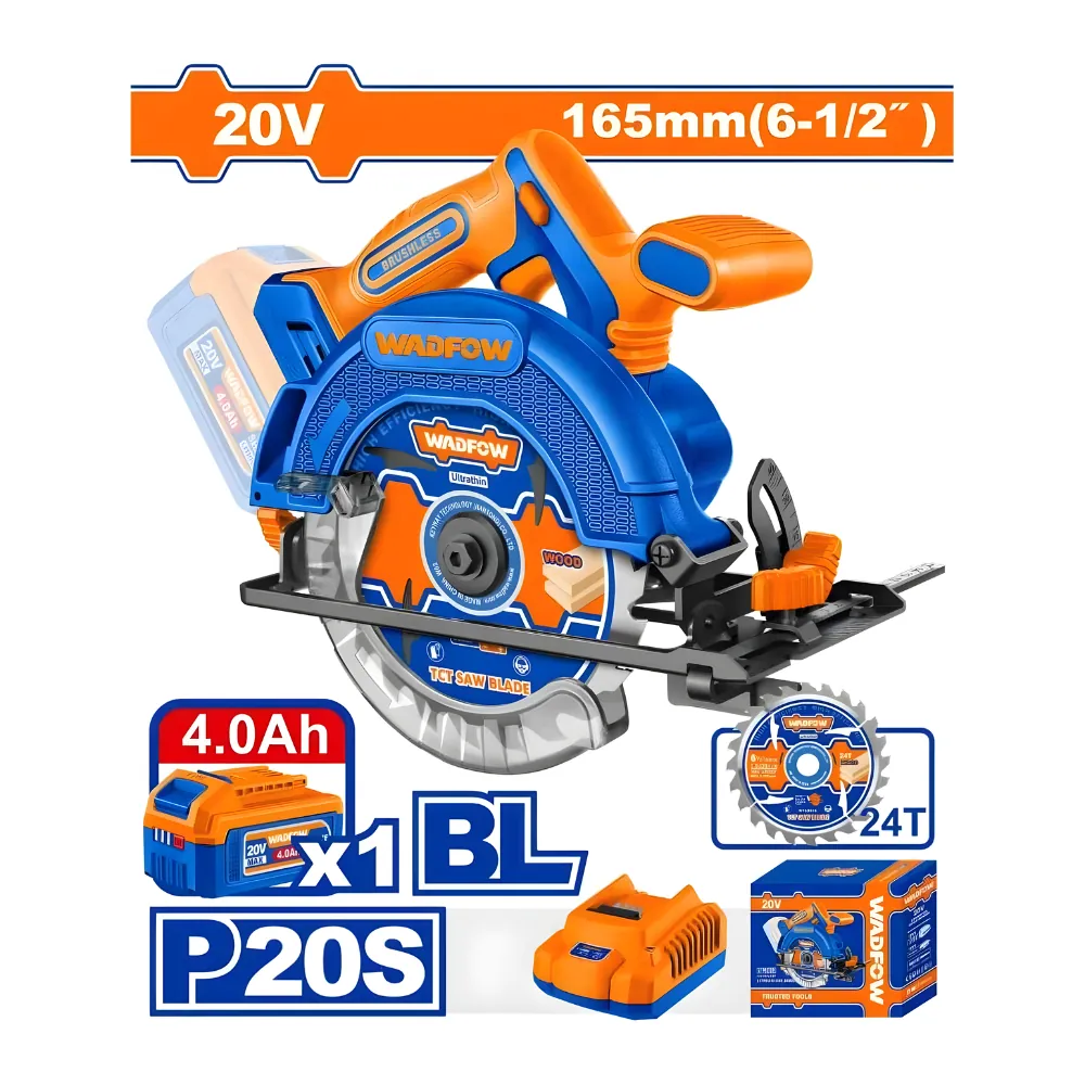 WADFOW Scie circulaire sans fil 20V 165mm avec 1 batterie 4A + 1 chargeur
