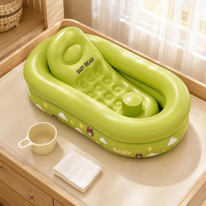Baignoire gonflable rembourrée pour bébé Bnf, imprimée, facile à déplier, portable, idéale pour les voyages, pour bébés et nourrissons, à la maison, verte, avec tapis
