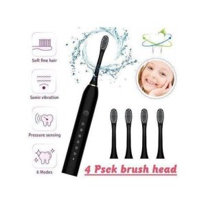 Brosse à dents électrique avec 4 têtes de brosse interchangeables et 6 modes de nettoyage-noir