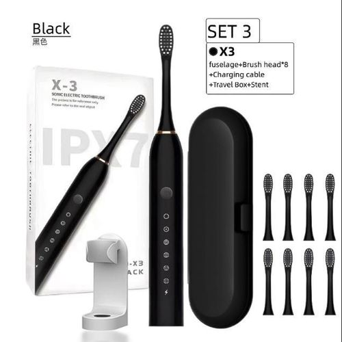 Brosse à Dents électrique Ultrasonique Rechargeable Par USB, Blanchissante Et Vibrante. Livrée Avec 8 Brosses De Rechange. Brosse à Dents électrique Pour Adultes - Noire