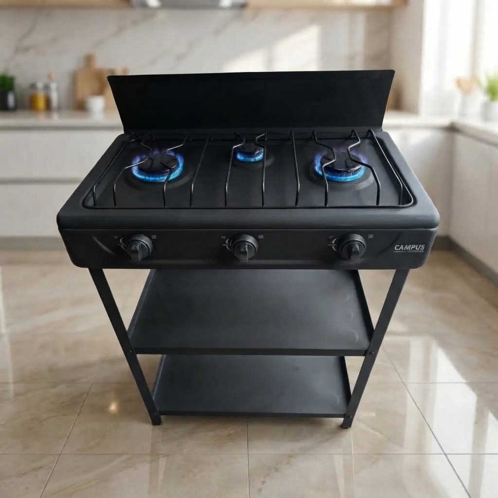 Cuisinière à Gaz Avec Etagère - 3Feux - INOX - Noir
