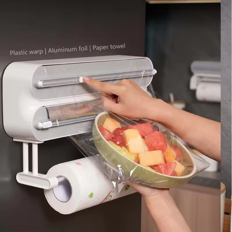 Distributeur de papier essuie-tout de cuisine avec organisateur de film alimentaire et de papier aluminium pour restaurant, support en plastique avec coupe-film