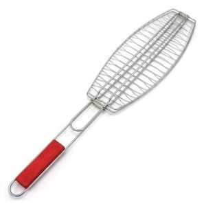 Grille de barbecue en acier inoxydable de qualité supérieure pour griller un poisson, avec long manche en bois, grande taille.