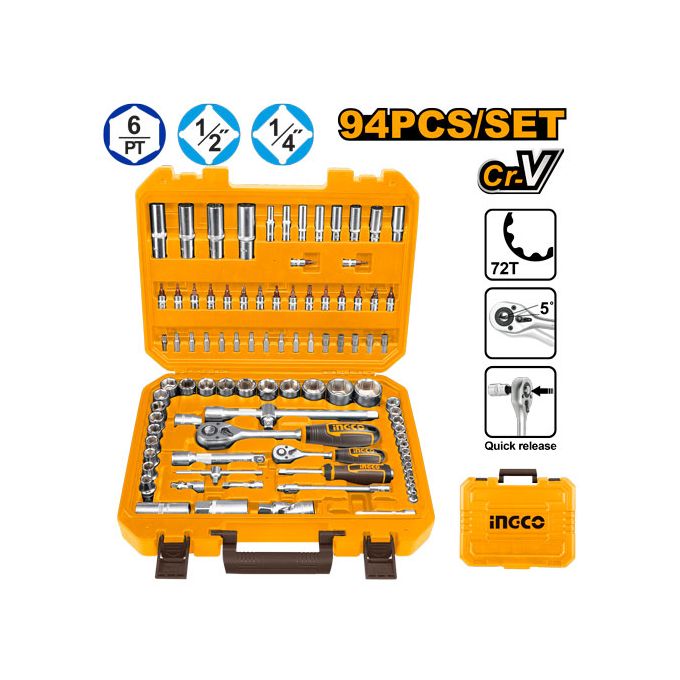 Ingco COFFRET DE DOUILLES ET ACCESSOIRES 1/4" + 1/2" 94p / HKTS42941-1