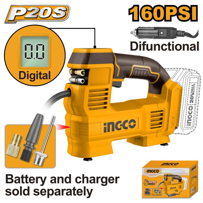 Ingco COMPRESSEUR A AIR SANS FIL 20V/160PSI+ACC + ajout de batterie 20v 2A + 1CHARGEUR CACLI2012-1