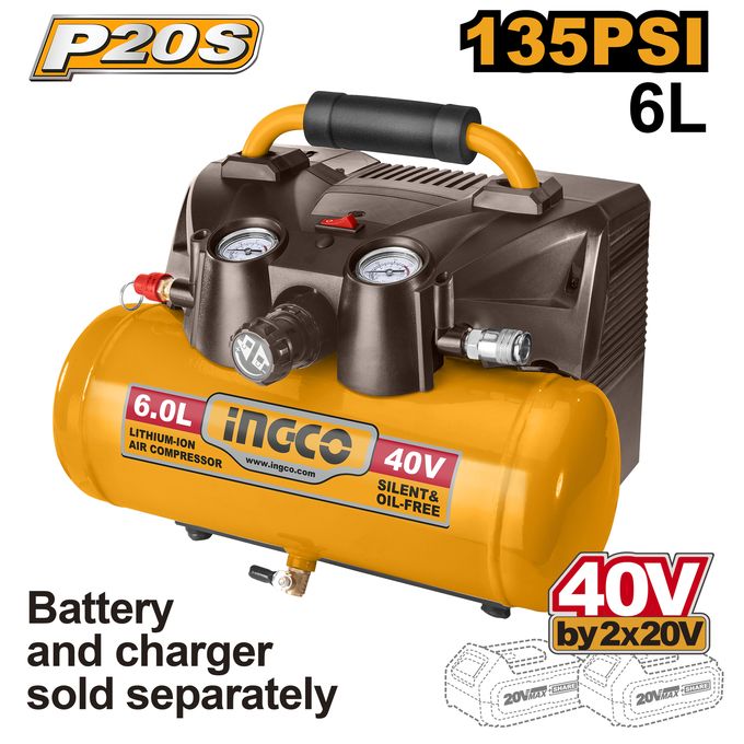 Ingco COMPRESSEUR A AIR SANS FILS 40V/6L + 2 BATTERIE 20V 4 A + 1 CHARGEUR  CACLI2003-1