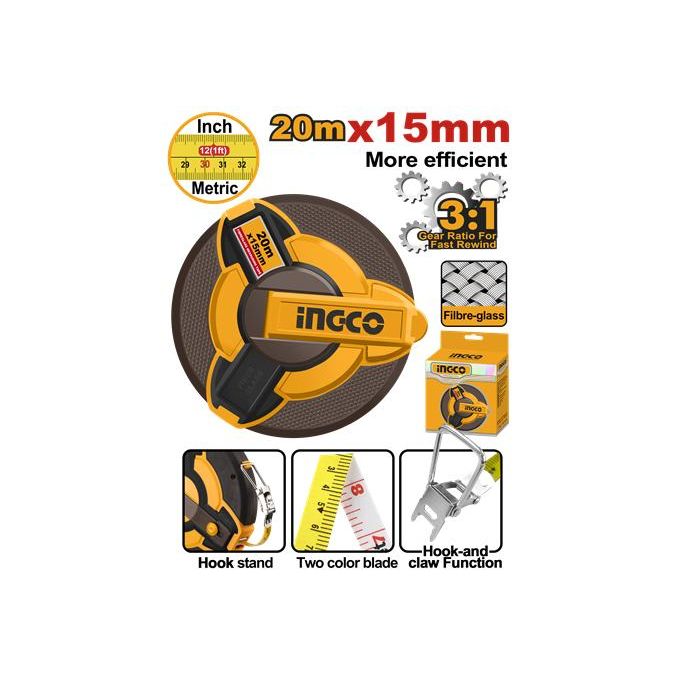 Ingco decametre en fibre de verre 20m x 15mm  hfmt1820-1