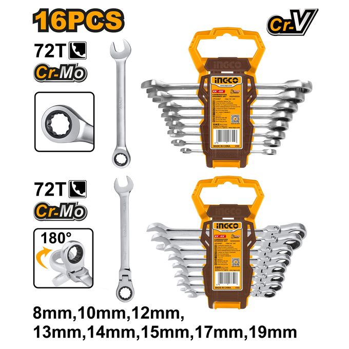 Ingco JEU DE 16PCS DE CLE A CLIQUET 8MM A 19MM DONT 1 LO      HKSPAR2016-1