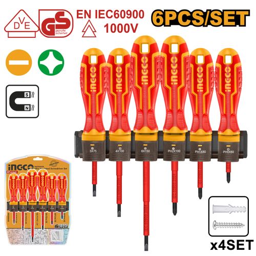 Ingco jeu de 6 tournevis a fente et phillips electricien hkisd0608