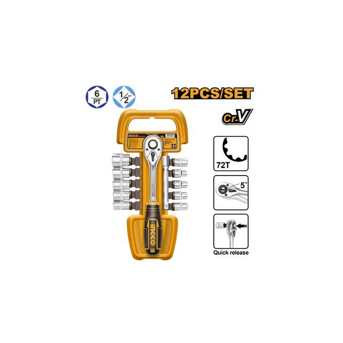 Ingco Jeu De Douilles Standard 1/2" + Cliquet Rack De 12Pcs De 10 À 24Mm   HKTS12122-1