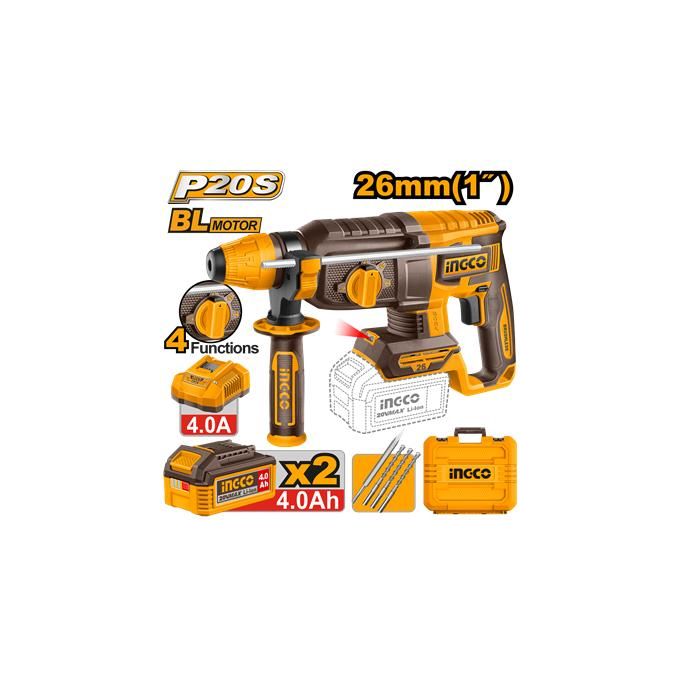 Ingco MARTEAU PERFORATEUR 20V-26MM-1100rpm+2BATT 4 Ah+1CHARGEUR CRHLI262085-1