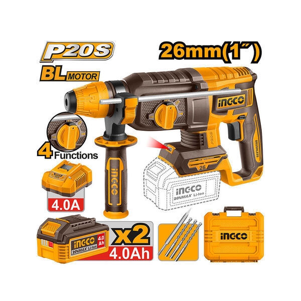 Ingco MARTEAU PERFORATEUR 20V-26MM-1100rpm+2BATT 4 Ah+1CHARGEUR CRHLI262085-2
