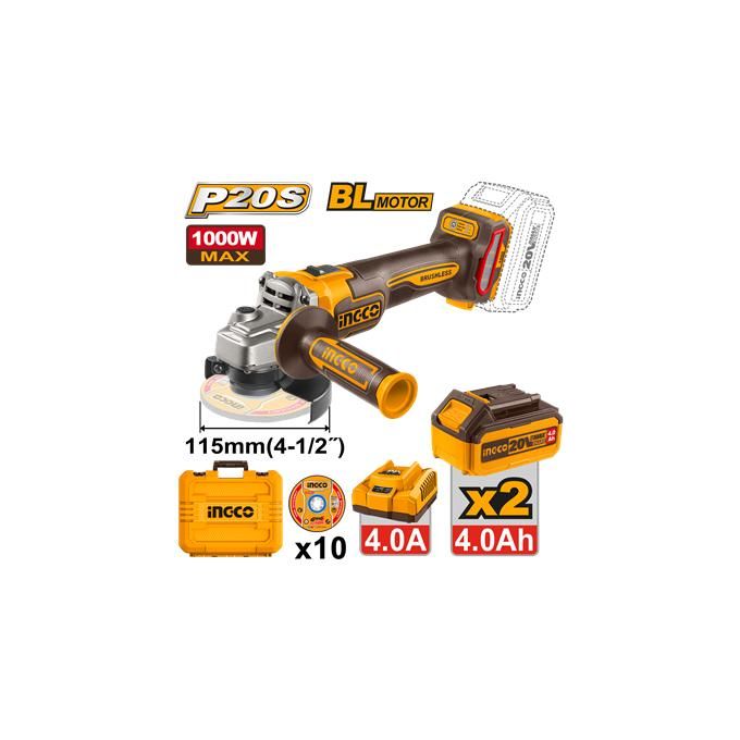 Ingco MEULEUSE ANGULAIRE 20V/115MM/1000w+2BATT 4A+CHAR+1  CAGLI271532-1