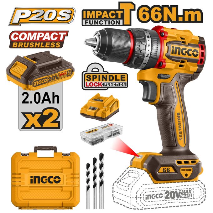 Ingco PERCEUSE A PERCUSSION 20V/66NM+2BAT2A+CHARG CIDLI20668-1